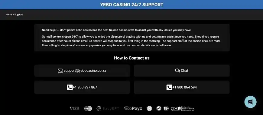 Yebo casino support