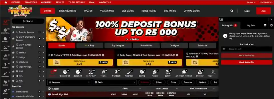 Screenshot of Tic Tac Bets bonus and sports betting page