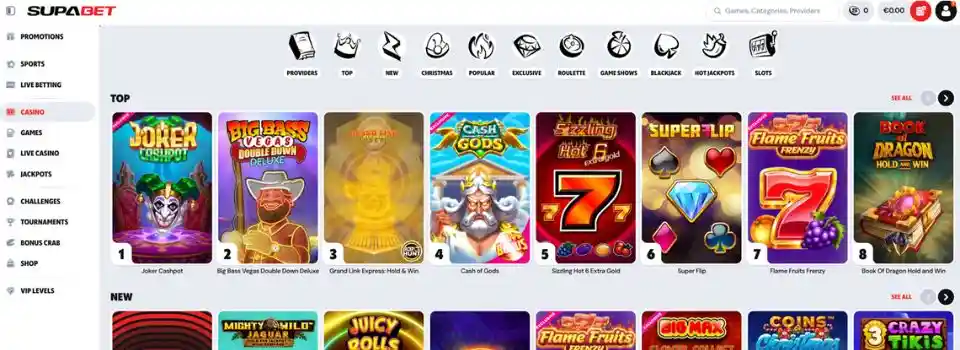 Screenshot of the Supabet games library