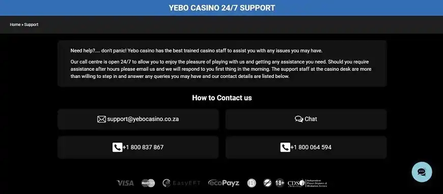 Yebo casino support